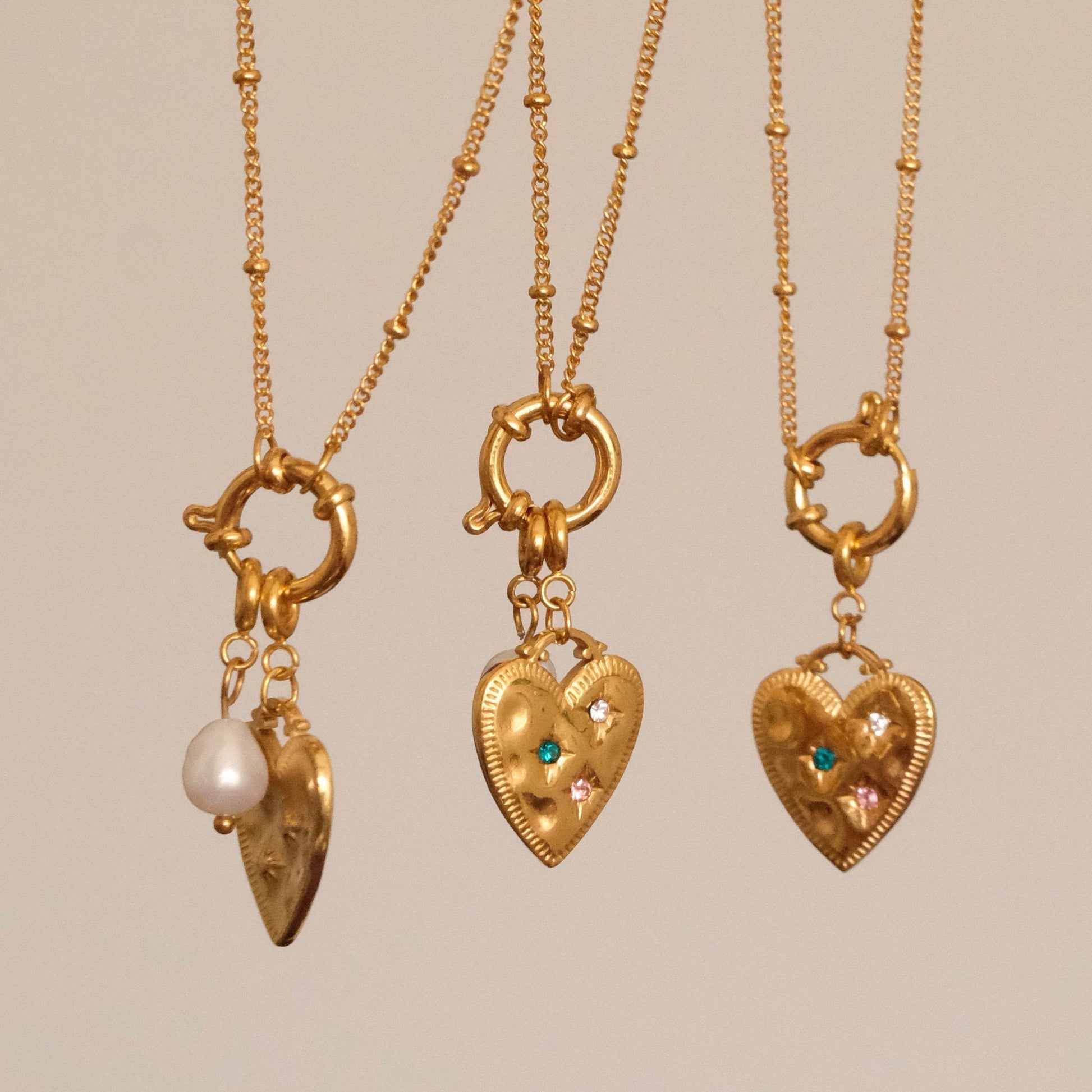 Gold heart pendant necklace, Waterproof colourful cz heart pearl necklace, Pendant detachable bolt clasp necklace, gift for h