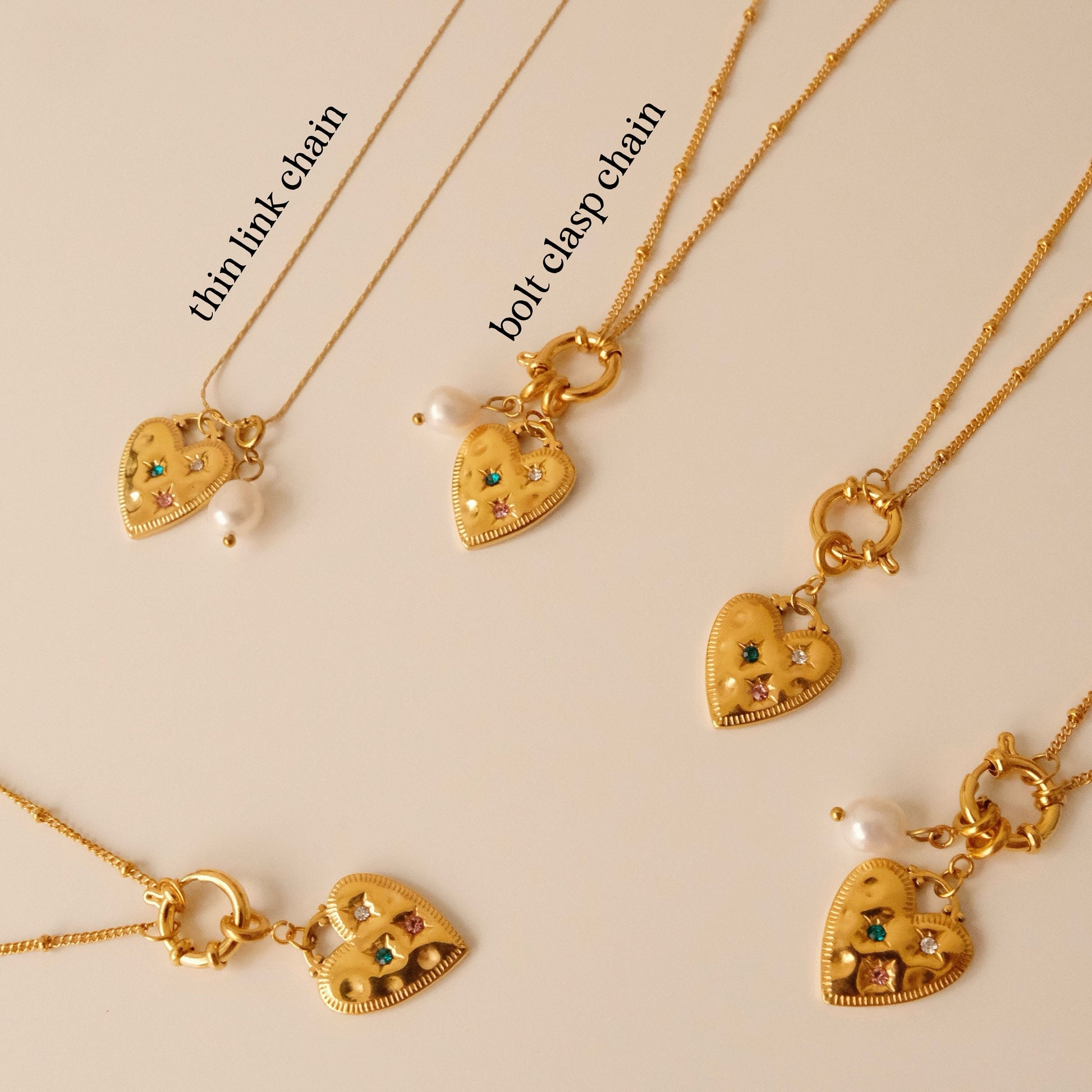 Gold heart pendant necklace, Waterproof colourful cz heart pearl necklace, Pendant detachable bolt clasp necklace, gift for h