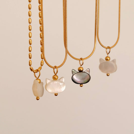 Handcrafted white black cat necklace, Natural mother of pearl necklace, Real shell cat necklace, Waterproof animal necklace, 