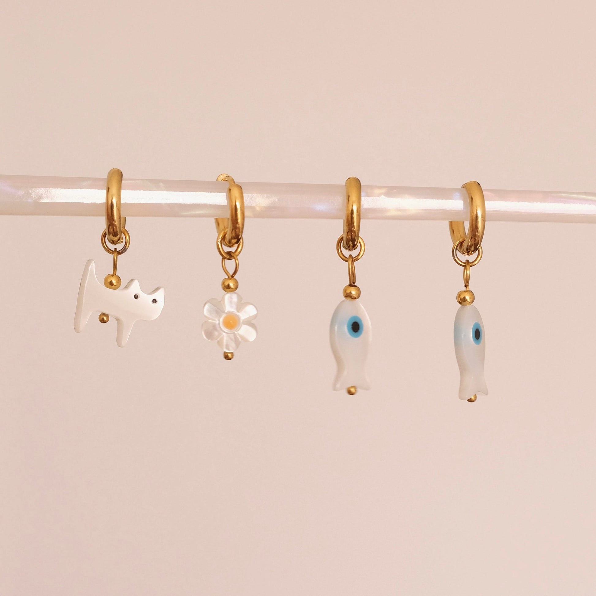 Little Daisy Flower White Cat Evil Eye Fish Charmed Huggie Hoop Earrings in Real Sea Shell,  Detachable Mother of Pearl Charm