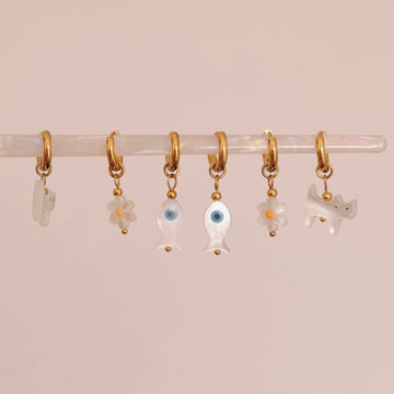 Little Daisy Flower White Cat Evil Eye Fish Charmed Huggie Hoop Earrings in Real Sea Shell,  Detachable Mother of Pearl Charm