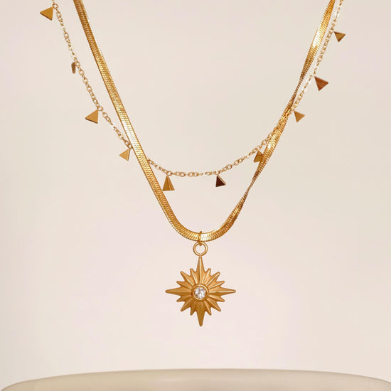 18K Gold North Star Necklace, Star Signet CZ Necklace, Gold Polaris Star Pendants, Necklace with Small Triangles, Layered 2 p