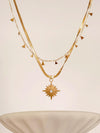 18K Gold North Star Necklace, Star Signet CZ Necklace, Gold Polaris Star Pendants, Necklace with Small Triangles, Layered 2 p
