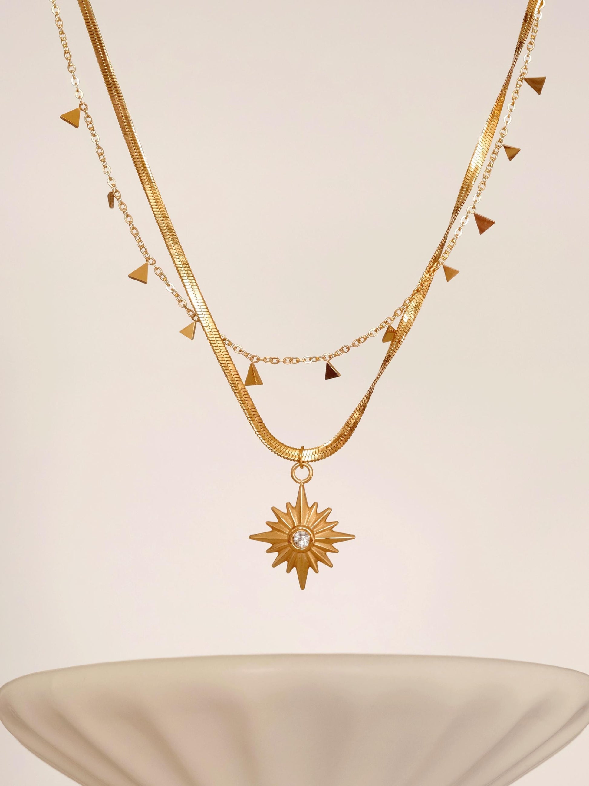 18K Gold North Star Necklace, Star Signet CZ Necklace, Gold Polaris Star Pendants, Necklace with Small Triangles, Layered 2 p