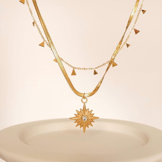 18K Gold North Star Necklace, Star Signet CZ Necklace, Gold Polaris Star Pendants, Necklace with Small Triangles, Layered 2 p