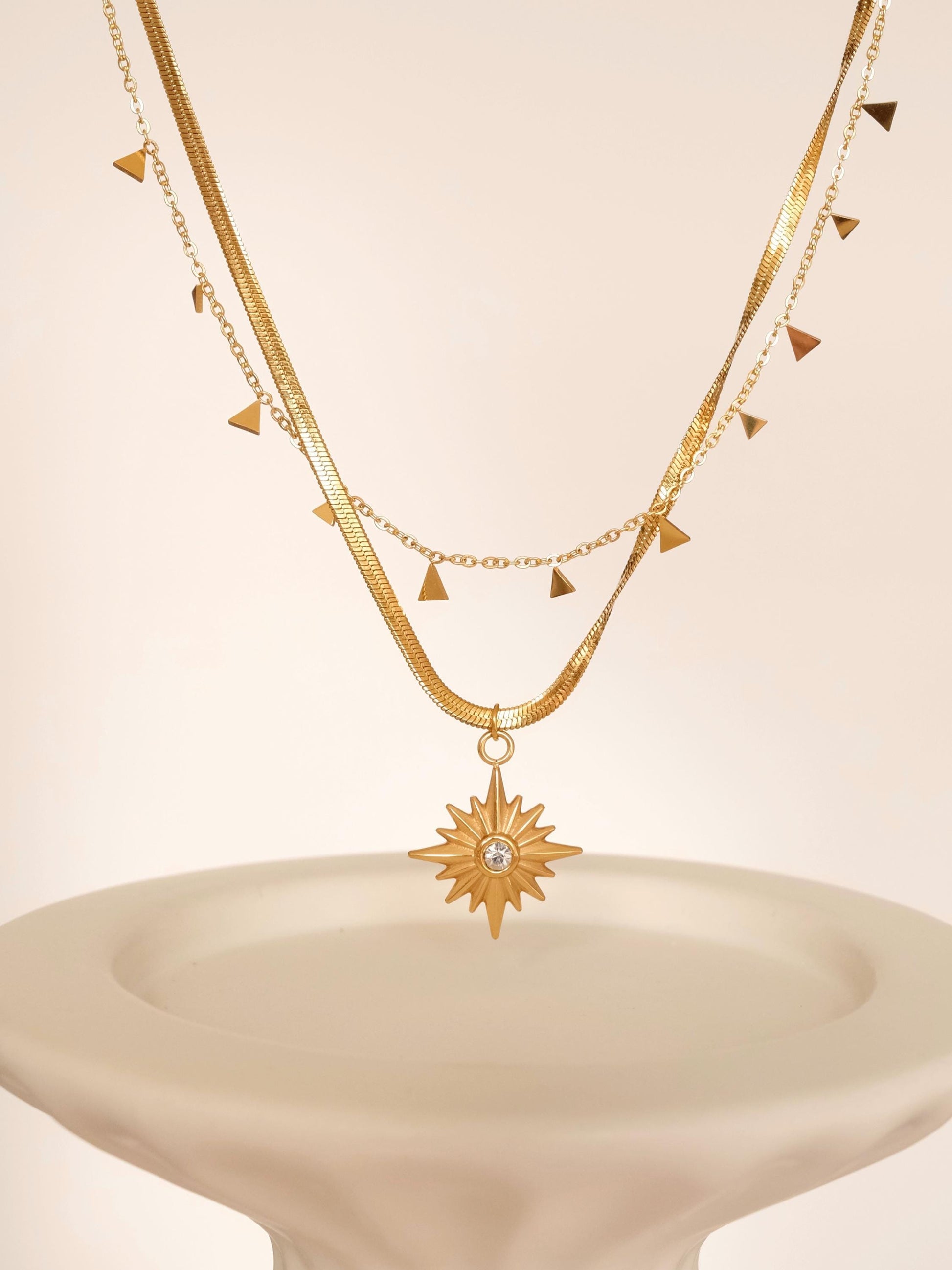 18K Gold North Star Necklace, Star Signet CZ Necklace, Gold Polaris Star Pendants, Necklace with Small Triangles, Layered 2 p