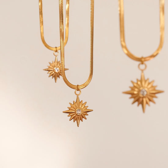 18K Gold North Star Necklace, Star Signet CZ Necklace, Gold Polaris Star Pendants, Necklace with Small Triangles, Layered 2 p
