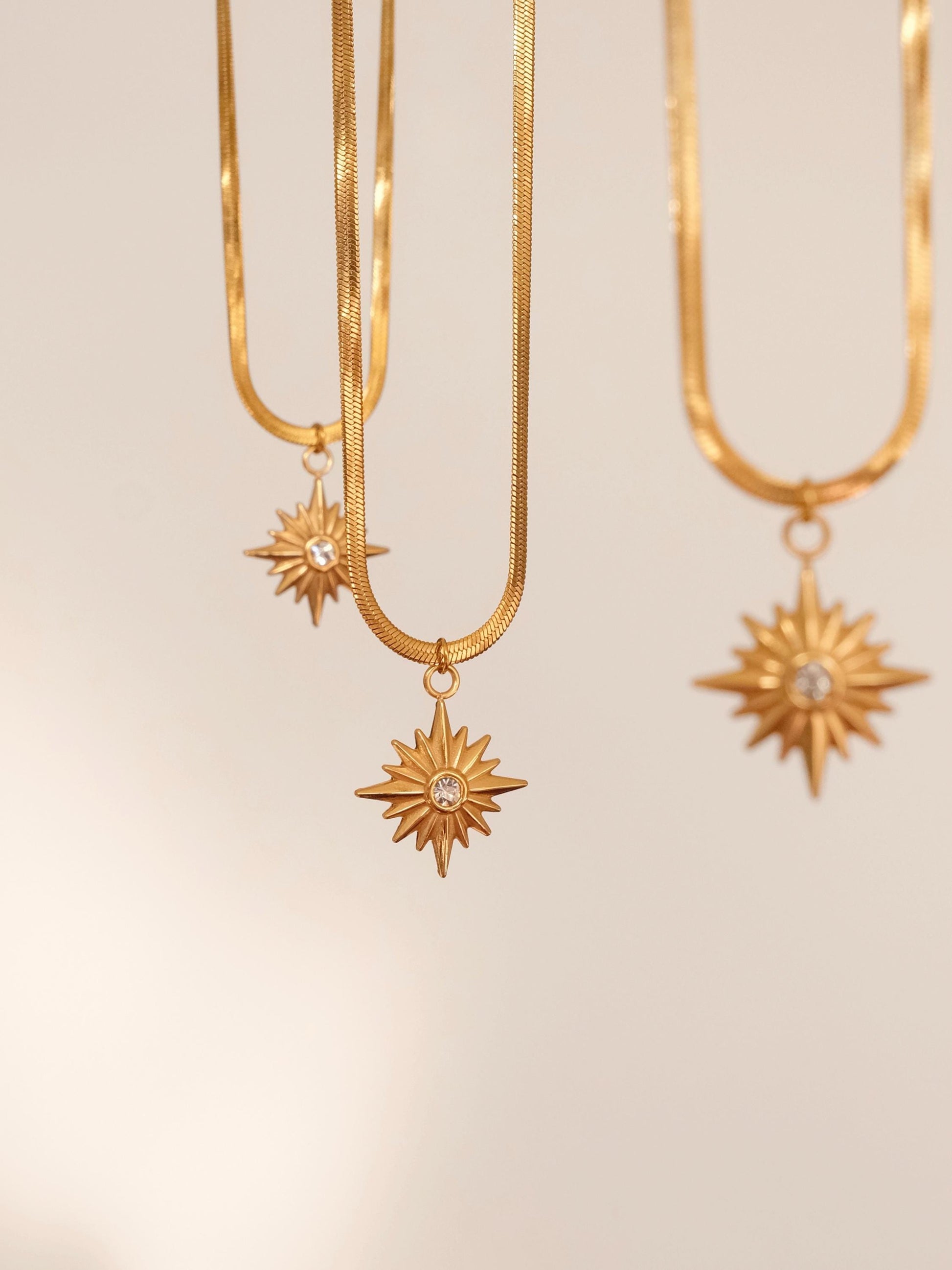 18K Gold North Star Necklace, Star Signet CZ Necklace, Gold Polaris Star Pendants, Necklace with Small Triangles, Layered 2 p