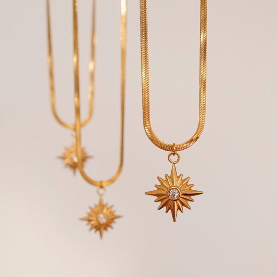 18K Gold North Star Necklace, Star Signet CZ Necklace, Gold Polaris Star Pendants, Necklace with Small Triangles, Layered 2 p