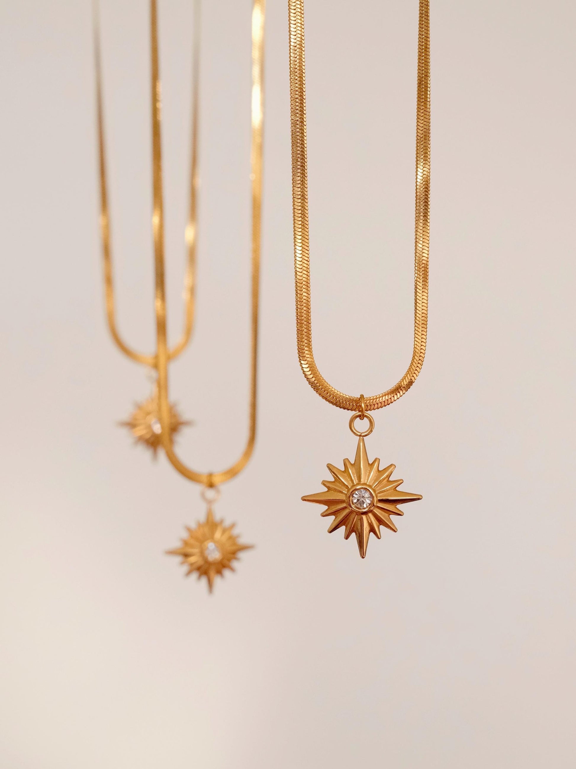 18K Gold North Star Necklace, Star Signet CZ Necklace, Gold Polaris Star Pendants, Necklace with Small Triangles, Layered 2 p