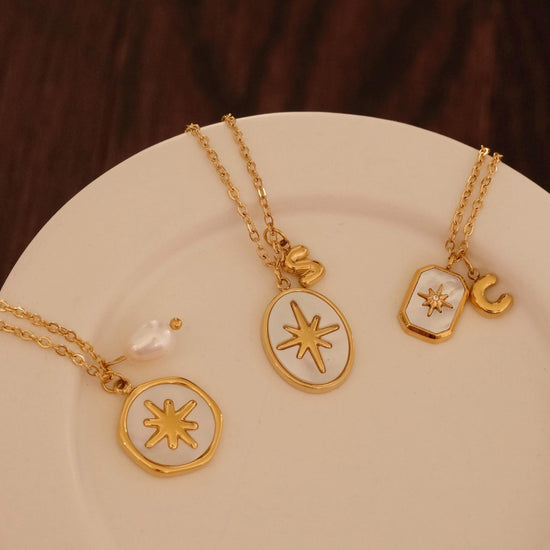 Gold mother of pearl pendant necklaces, 18k gold star necklace, waterproof tarnish resistant necklace, gold jewelery for wome