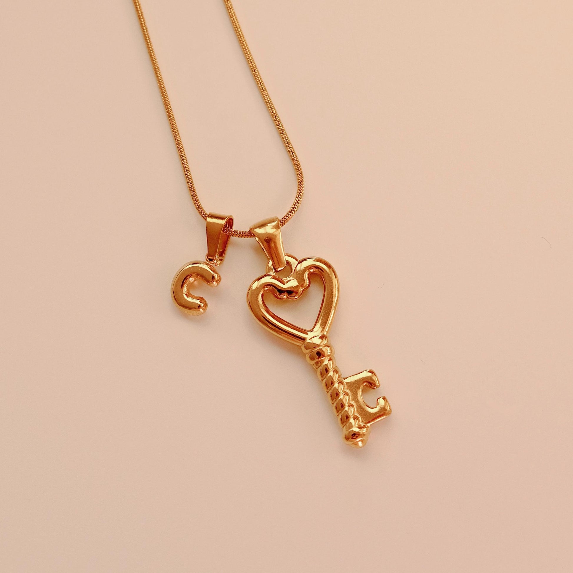 Custom Initial Key Necklace, Gold Initial Jewelry, Personalized Anniversary Gift, Waterproof Necklace, Dainty Skeleton Key Pe
