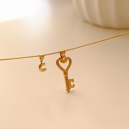 Custom Initial Key Necklace, Gold Initial Jewelry, Personalized Anniversary Gift, Waterproof Necklace, Dainty Skeleton Key Pe