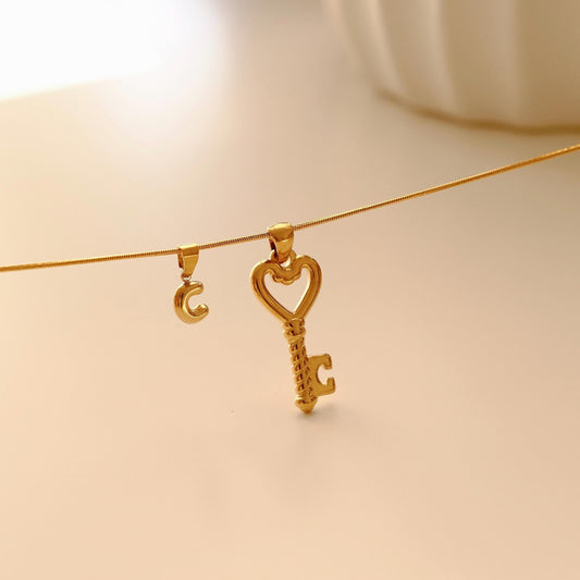Custom Initial Key Necklace, Gold Initial Jewelry, Personalized Anniversary Gift, Waterproof Necklace, Dainty Skeleton Key Pe