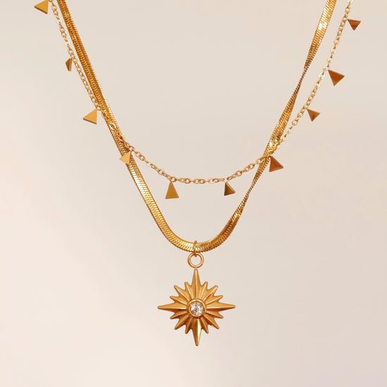 18K Gold North Star Necklace, Star Signet CZ Necklace, Gold Polaris Star Pendants, Necklace with Small Triangles, Layered 2 p