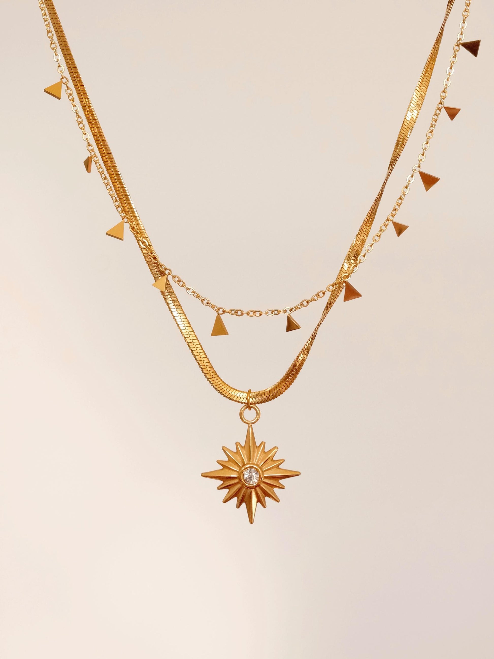 18K Gold North Star Necklace, Star Signet CZ Necklace, Gold Polaris Star Pendants, Necklace with Small Triangles, Layered 2 p