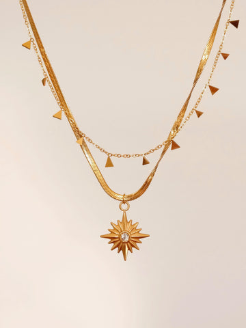 18K Gold North Star Necklace, Star Signet CZ Necklace, Gold Polaris Star Pendants, Necklace with Small Triangles, Layered 2 p
