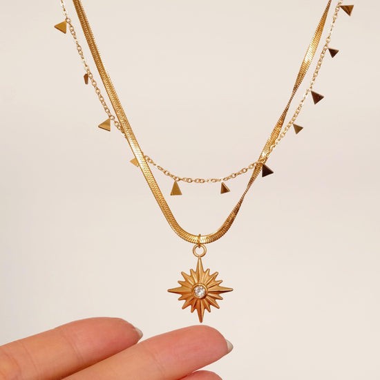 18K Gold North Star Necklace, Star Signet CZ Necklace, Gold Polaris Star Pendants, Necklace with Small Triangles, Layered 2 p