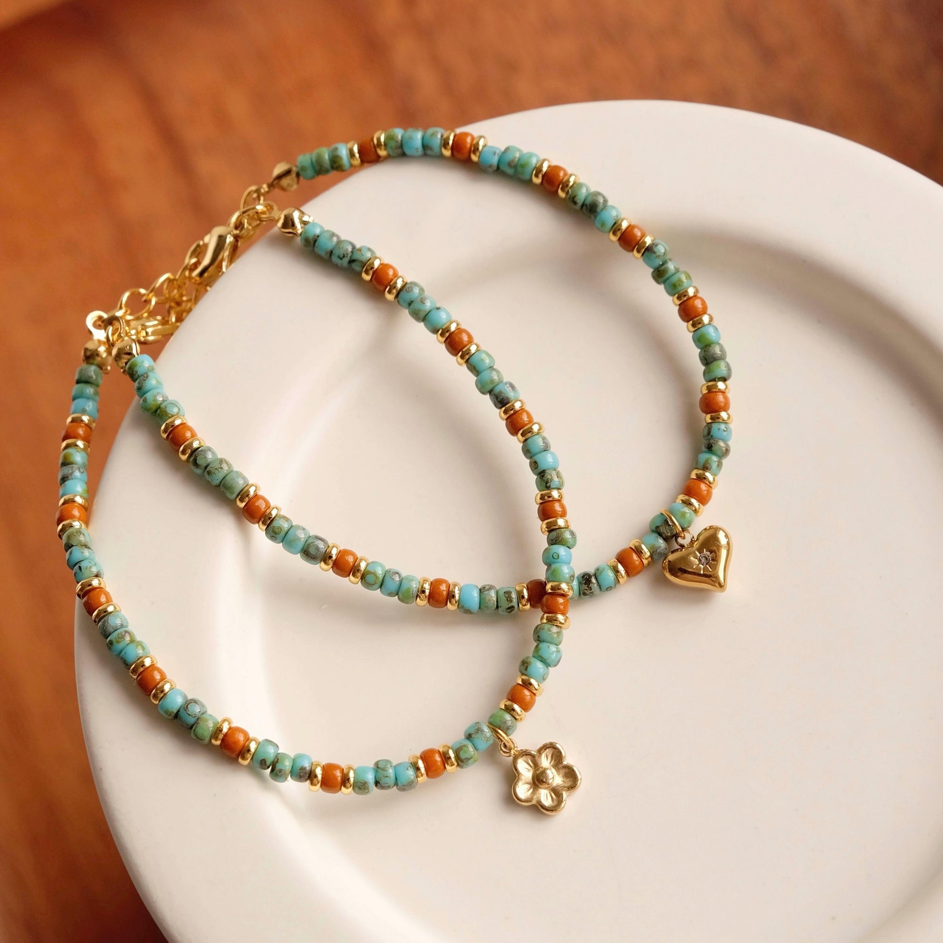 gold turquoise beaded bracelets, red turquoise jewelry, pendant bracelets for women, miyuki beads stacking bracelets, minimal