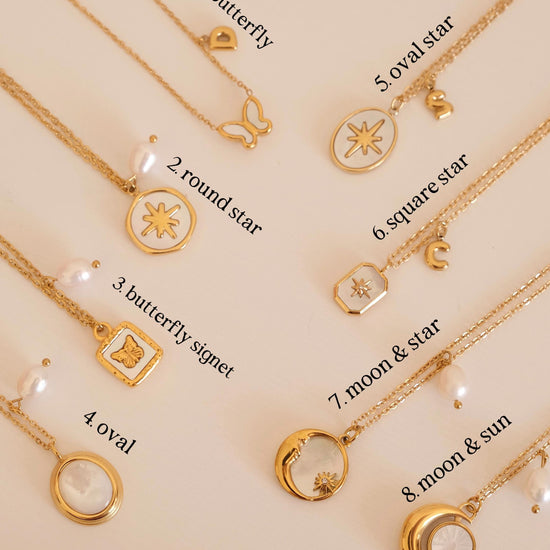 Gold mother of pearl pendant necklaces, 18k gold star necklace, waterproof tarnish resistant necklace, gold jewelery for wome