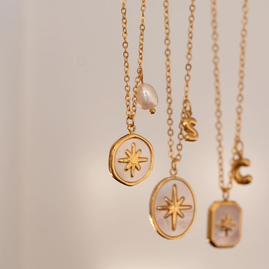 18K gold mother of pearl star pendant necklaces, Initial necklace, Pearl necklace, Waterproof tarnish free necklace, Gold jew