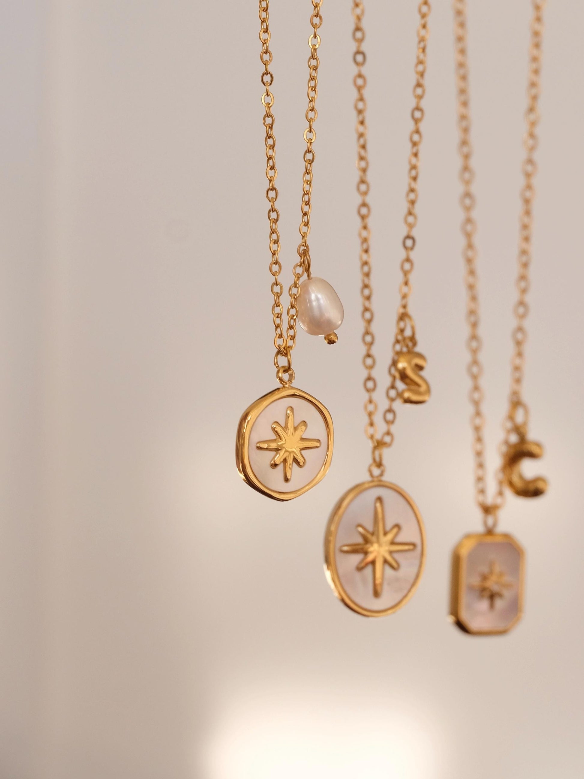 18K gold mother of pearl star pendant necklaces, Initial necklace, Pearl necklace, Waterproof tarnish free necklace, Gold jew