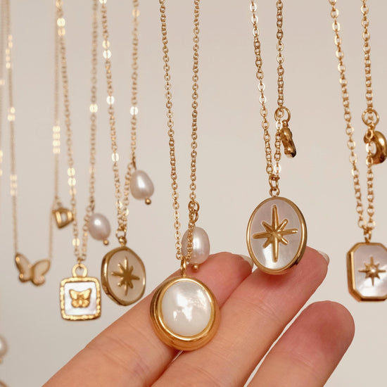 18K gold mother of pearl star pendant necklaces, Initial necklace, Pearl necklace, Waterproof tarnish free necklace, Gold jew
