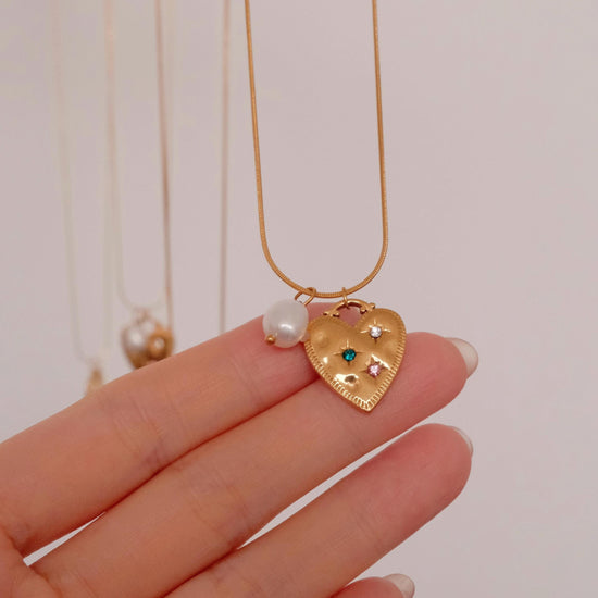 Gold heart pendant necklace, 18K gold filled heart necklace, Waterproof tarnish free necklace, Diamond heart pearl necklace, 