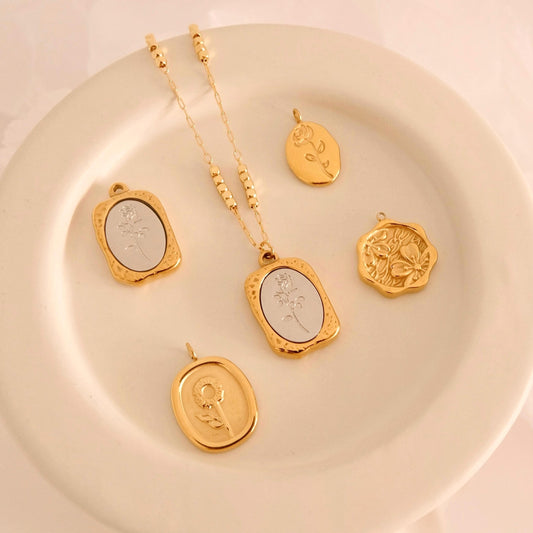 Gold filled birth month flower necklace, Waterproof gold necklace, Family necklace for women, Gold oval pendant necklace, Bri