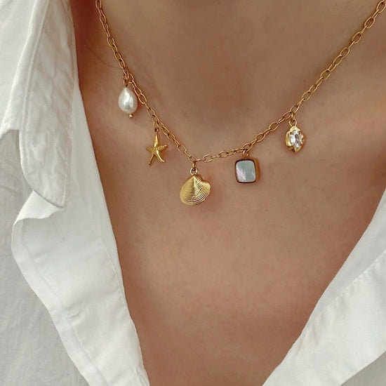 Summer Charms Necklace, Ocean Shell Pearl Necklace, Waterproof Gold Necklace, Girl Necklace, Gift for her, Handmade Beach Jew