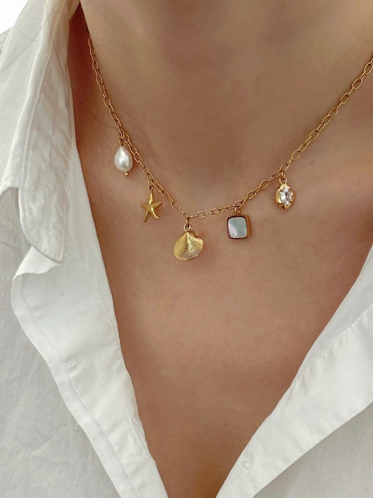 Summer Charms Necklace, Ocean Shell Pearl Necklace, Waterproof Gold Necklace, Girl Necklace, Gift for her, Handmade Beach Jew