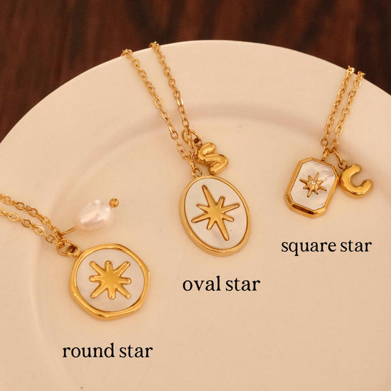 18K gold mother of pearl star pendant necklaces, Initial necklace, Pearl necklace, Waterproof tarnish free necklace, Gold jew