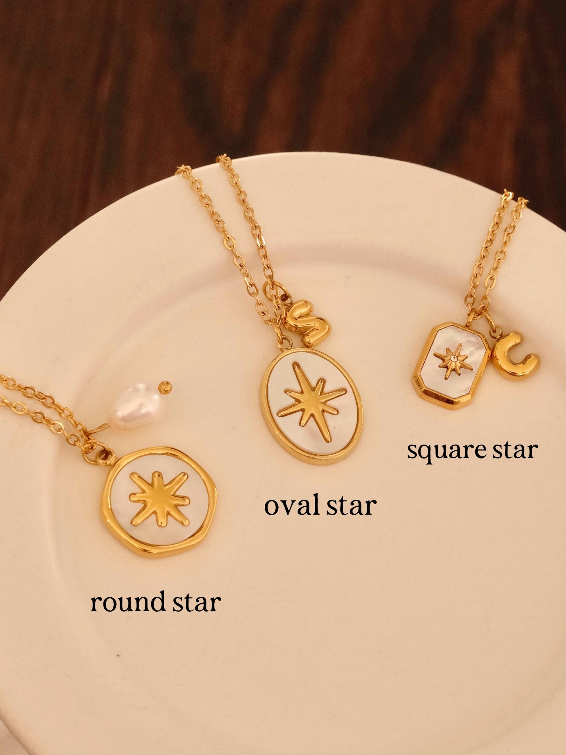 18K gold mother of pearl star pendant necklaces, Initial necklace, Pearl necklace, Waterproof tarnish free necklace, Gold jew