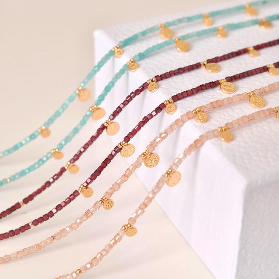 Genuine Gemstone Beaded Necklace, Pendant Cube Beads Choker, 18k Gold Beaded Necklace, Crystal Beads, Gold Filled Necklace, C