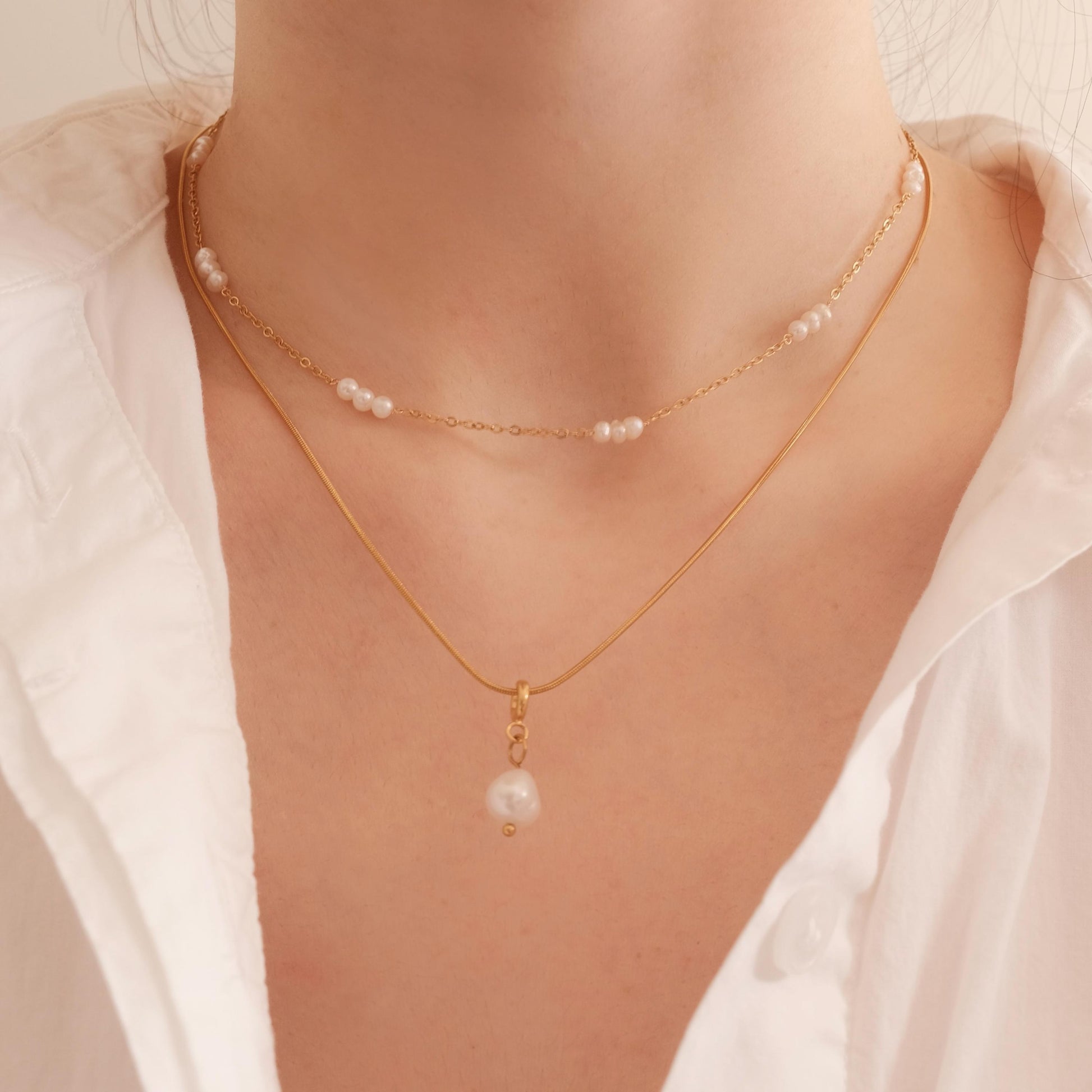 Dainty Gold Layered Pearl Necklace, Natural Freshwater Pearl Double Layer Necklace, Waterproof Wedding Layered Necklace, Gift