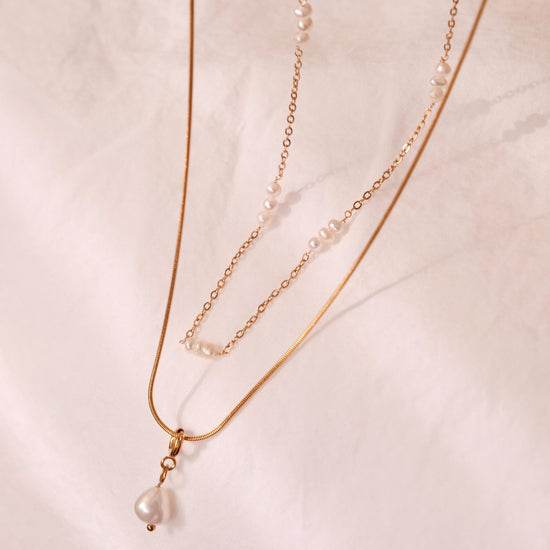 Dainty Gold Layered Pearl Necklace, Natural Freshwater Pearl Double Layer Necklace, Waterproof Wedding Layered Necklace, Gift