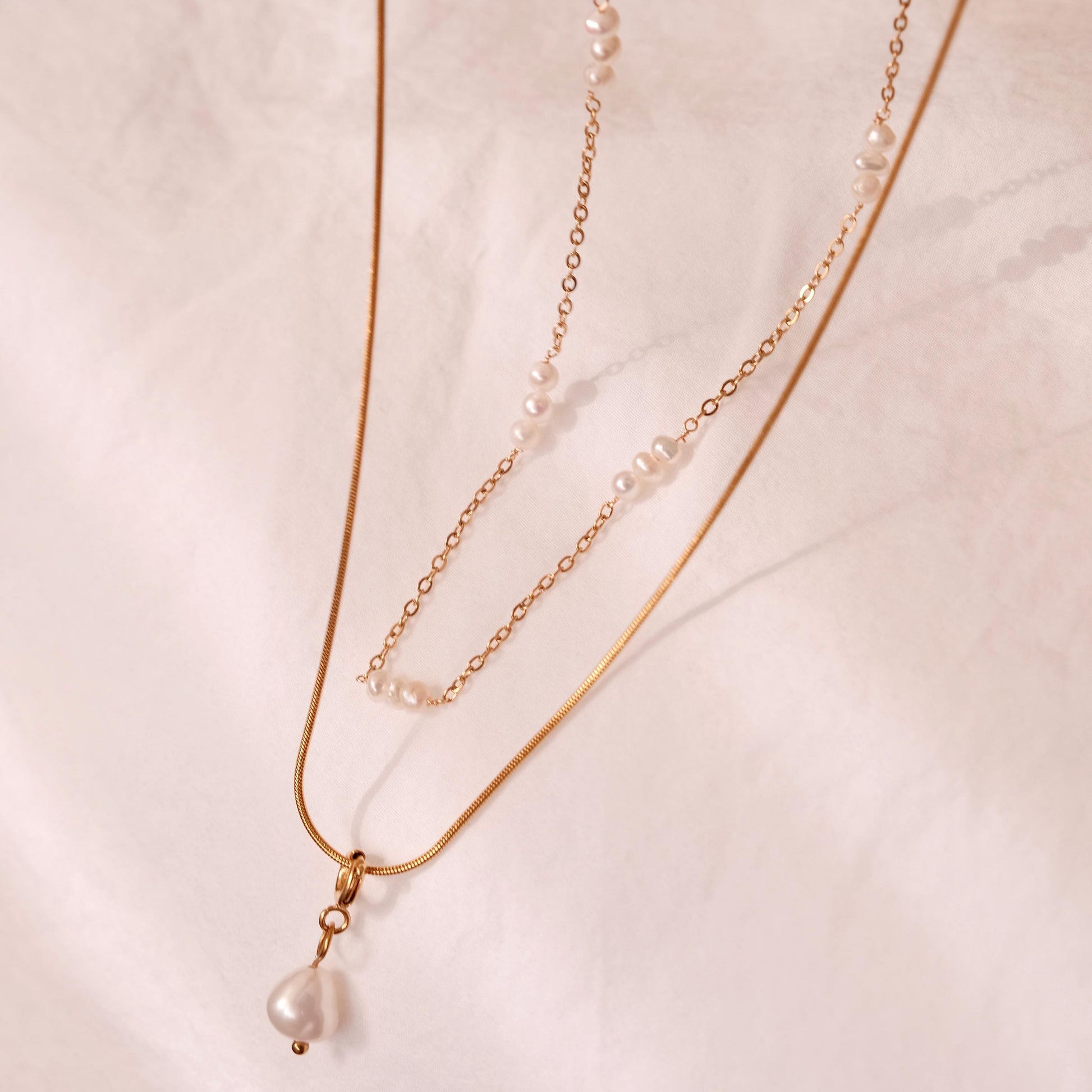 Dainty Gold Layered Pearl Necklace, Natural Freshwater Pearl Double Layer Necklace, Waterproof Wedding Layered Necklace, Gift