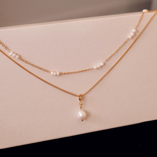Dainty Gold Layered Pearl Necklace, Natural Freshwater Pearl Double Layer Necklace, Waterproof Wedding Layered Necklace, Gift