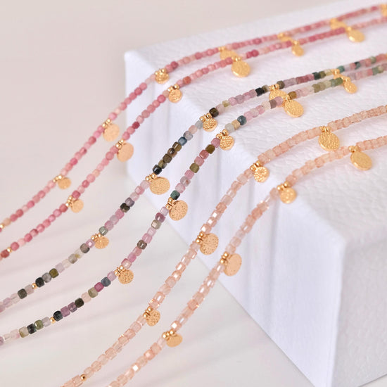 Genuine Gemstone Beaded Necklace, Pendant Cube Beads Choker, 18k Gold Beaded Necklace, Crystal Beads, Gold Filled Necklace, C