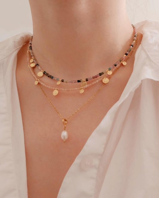 Genuine Gemstone Beaded Necklace, Pendant Cube Beads Choker, 18k Gold Beaded Necklace, Crystal Beads, Gold Filled Necklace, C