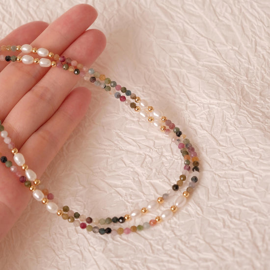 Genuine Tourmaline Necklace, Colorful stone beaded necklace, Minimalist beaded necklace with real pearl, Choker tourmaline st