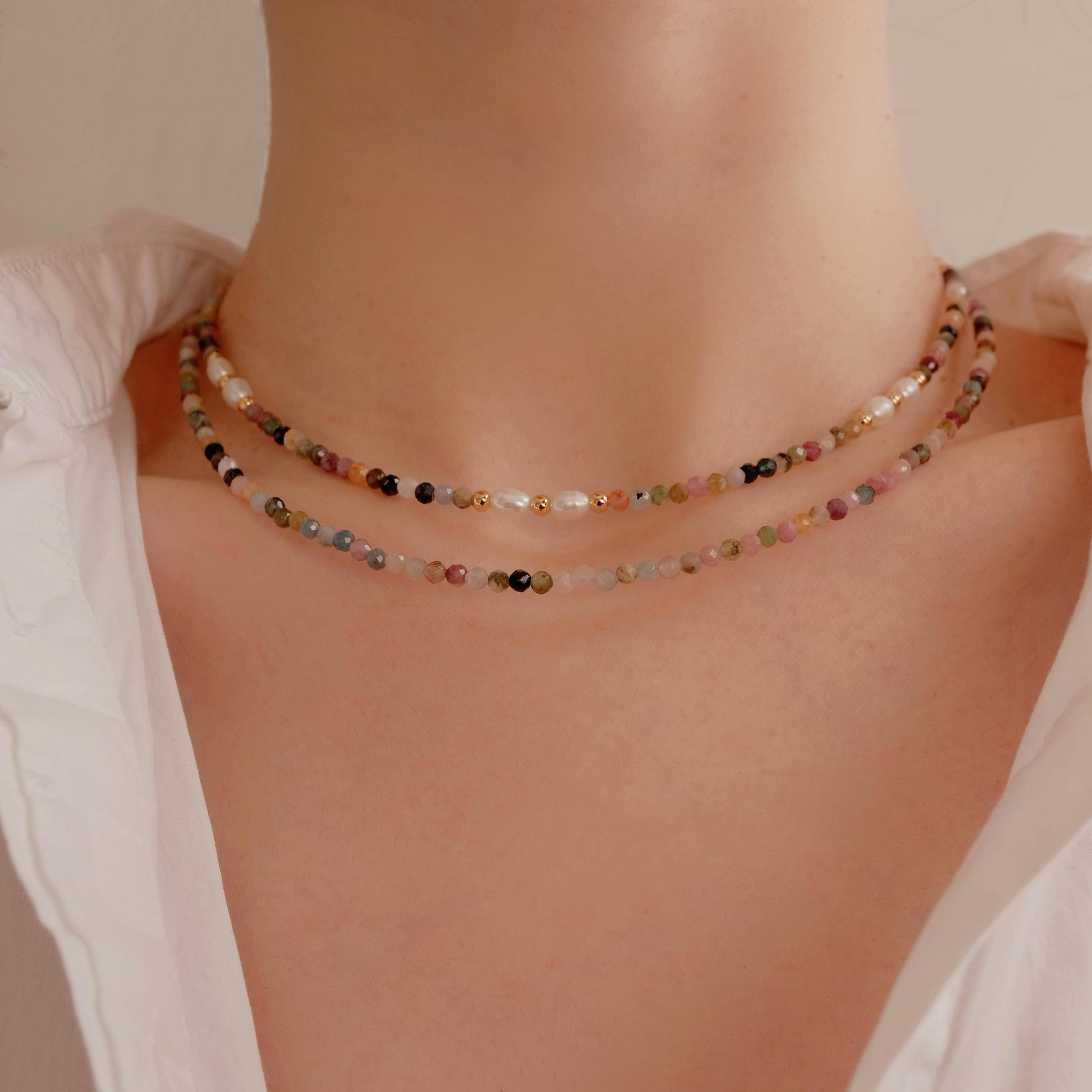 Genuine Tourmaline Necklace, Colorful stone beaded necklace, Minimalist beaded necklace with real pearl, Choker tourmaline st