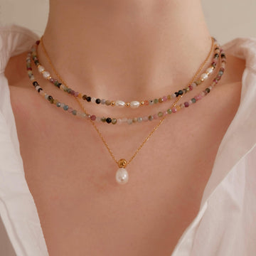 Genuine Tourmaline Necklace, Colorful stone beaded necklace, Minimalist beaded necklace with real pearl, Choker tourmaline st