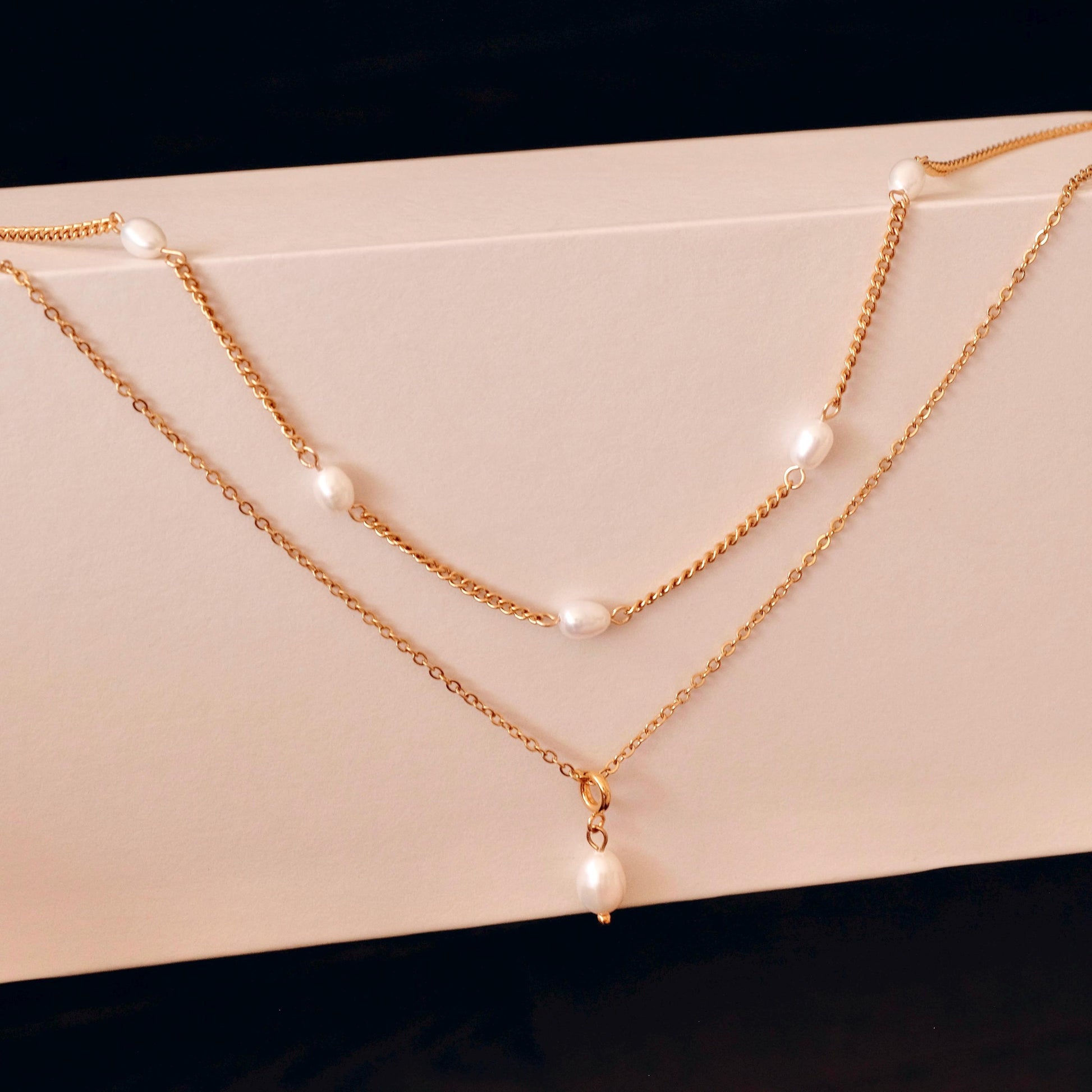 Dainty Gold Layered Pearl Necklace Set, Natural Freshwater Pearl Double Layer Necklace, Waterproof Wedding Layered Necklace, 
