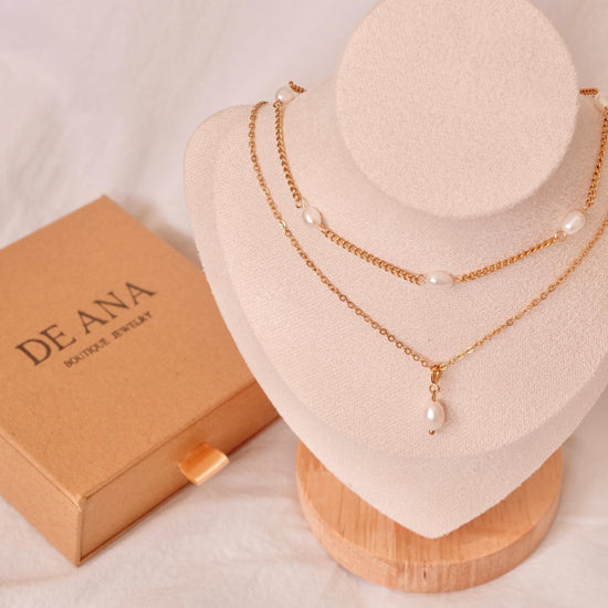 Dainty Gold Layered Pearl Necklace Set, Natural Freshwater Pearl Double Layer Necklace, Waterproof Wedding Layered Necklace, 