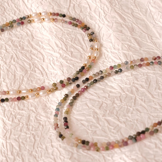 Genuine Tourmaline Necklace, Colorful stone beaded necklace, Minimalist beaded necklace with real pearl, Choker tourmaline st