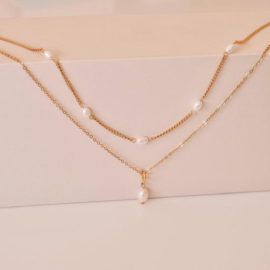 Dainty Gold Layered Pearl Necklace Set, Natural Freshwater Pearl Double Layer Necklace, Waterproof Wedding Layered Necklace, 