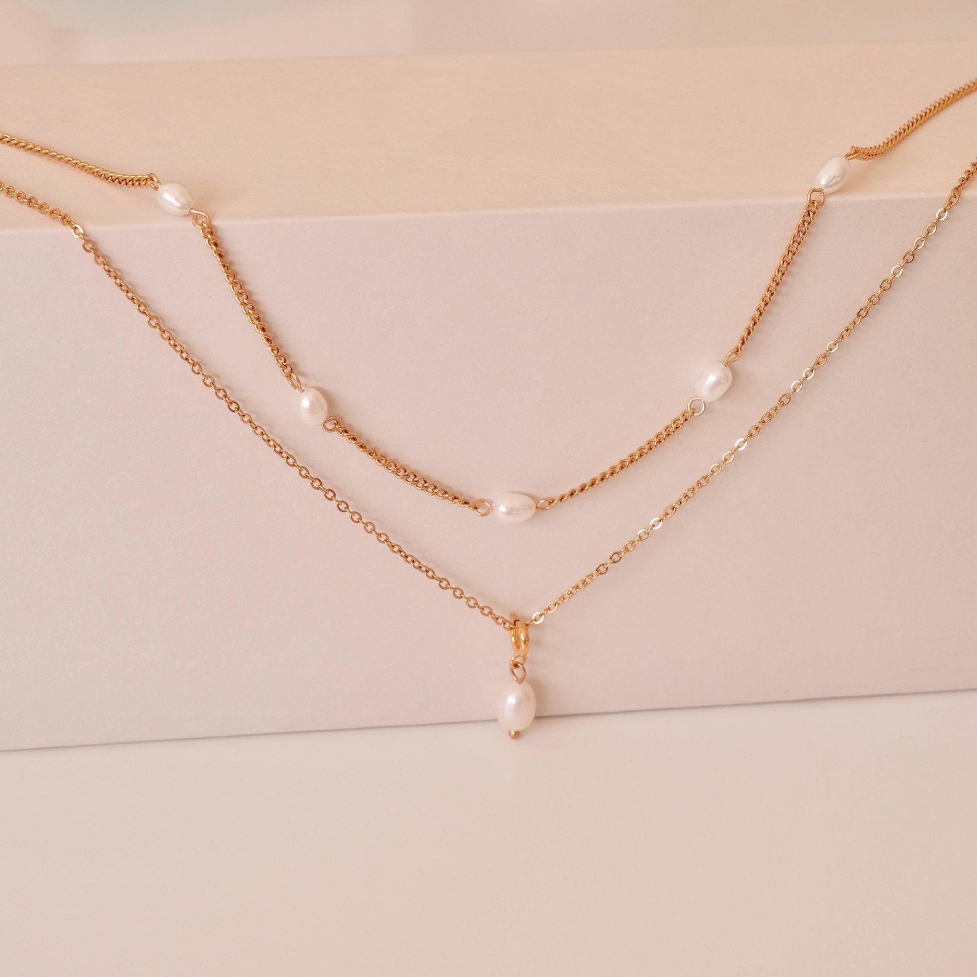 Dainty Gold Layered Pearl Necklace Set, Natural Freshwater Pearl Double Layer Necklace, Waterproof Wedding Layered Necklace, 