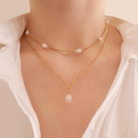 Dainty Gold Layered Pearl Necklace Set, Natural Freshwater Pearl Double Layer Necklace, Waterproof Wedding Layered Necklace, 