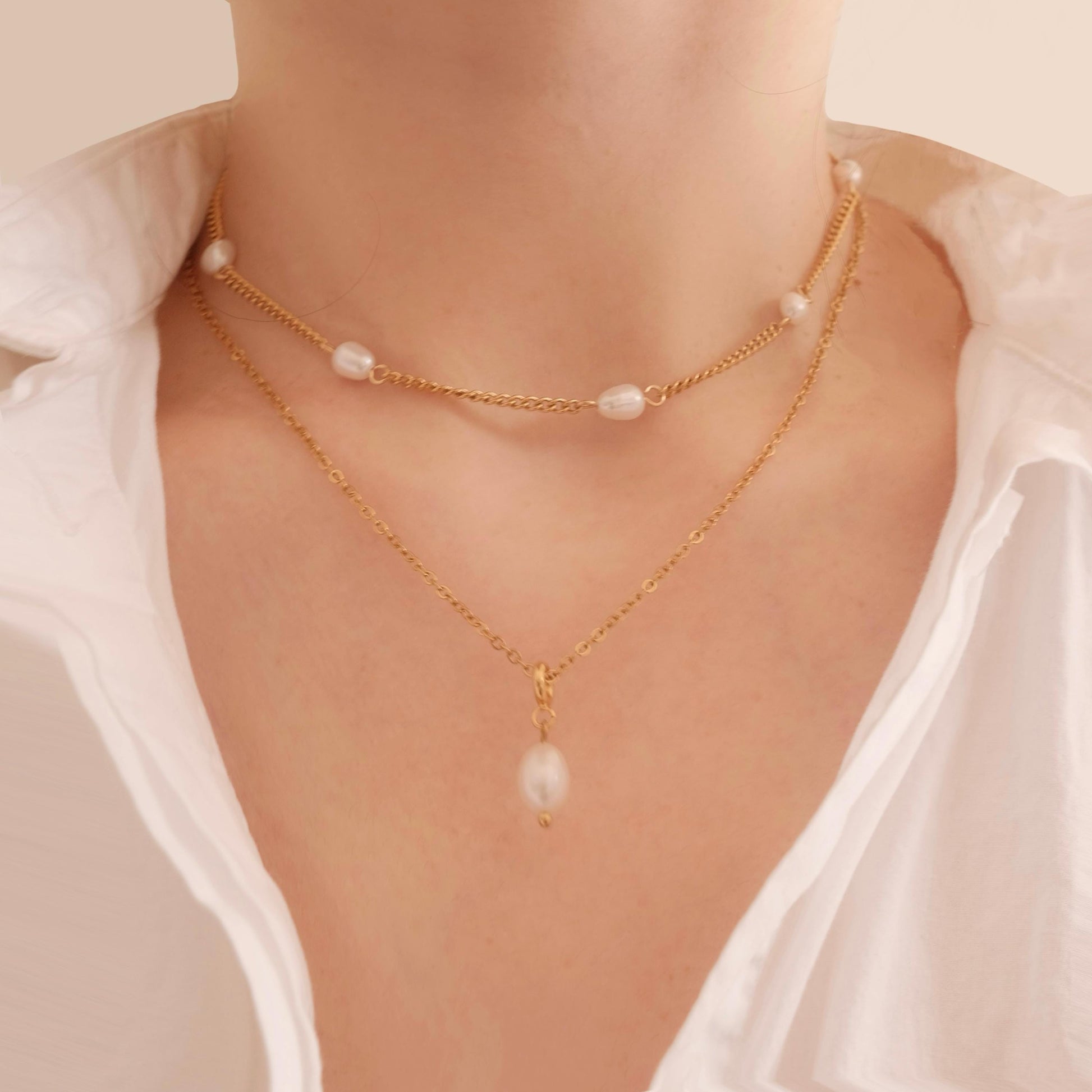 Dainty Gold Layered Pearl Necklace Set, Natural Freshwater Pearl Double Layer Necklace, Waterproof Wedding Layered Necklace, 
